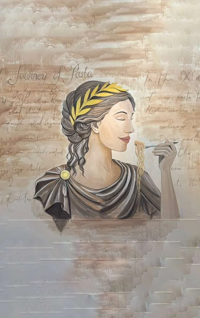 Wall art of a woman in classical Roman attire enjoying pasta, symbolizing Italian tradition at Castello Pizza & Pasta, a women-owned halal Italian restaurant in Seattle.