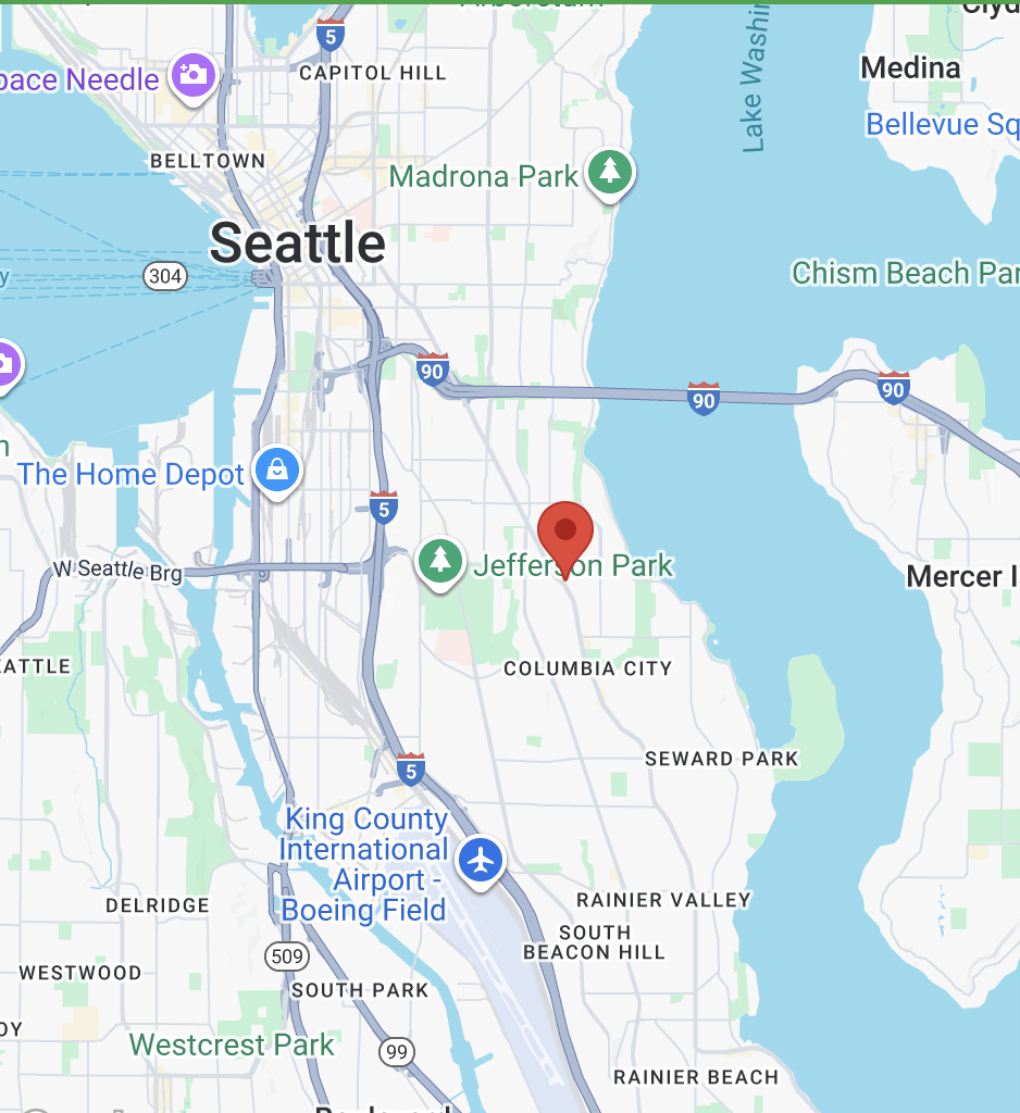 Map showing Castello Pizza & Pasta near Jefferson Park in Seattle, highlighting its central location close to Capitol Hill, Columbia City, and Rainier Valley.