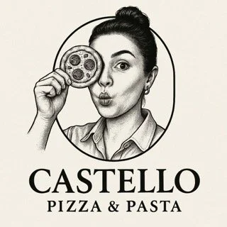Illustrated logo of Castello Pizza & Pasta, a women-owned restaurant in Seattle, featuring a woman playfully holding a mini pizza in front of her eye.
